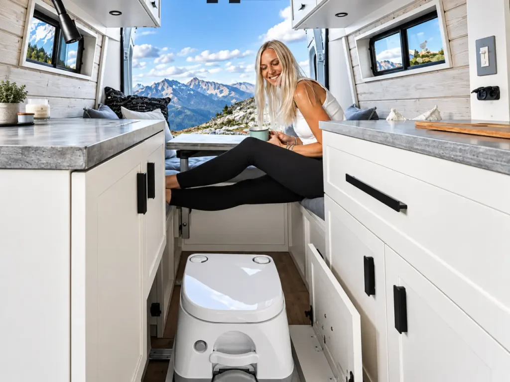 Dometic 976 portable toilet inside a camper van with built-in storage and mountain views.
