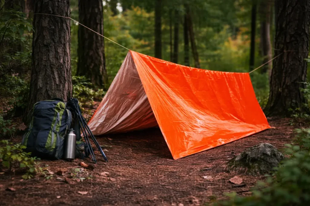 Emergency survival shelter pitched between trees in a forest with a hiking backpack, trekking poles, and water bottle nearby.