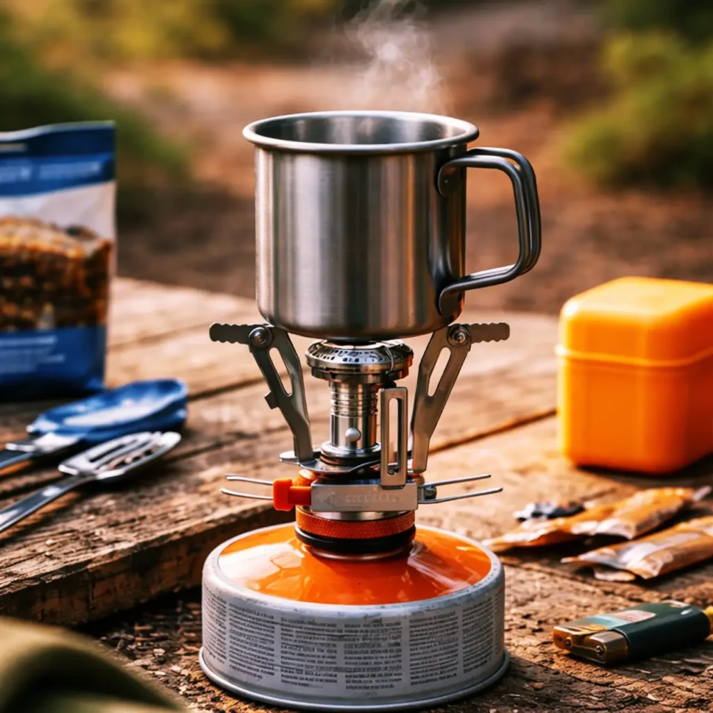 Etekcity Ultralight Camping Stove heating a metal mug in a compact backpacking camp setup outdoors.