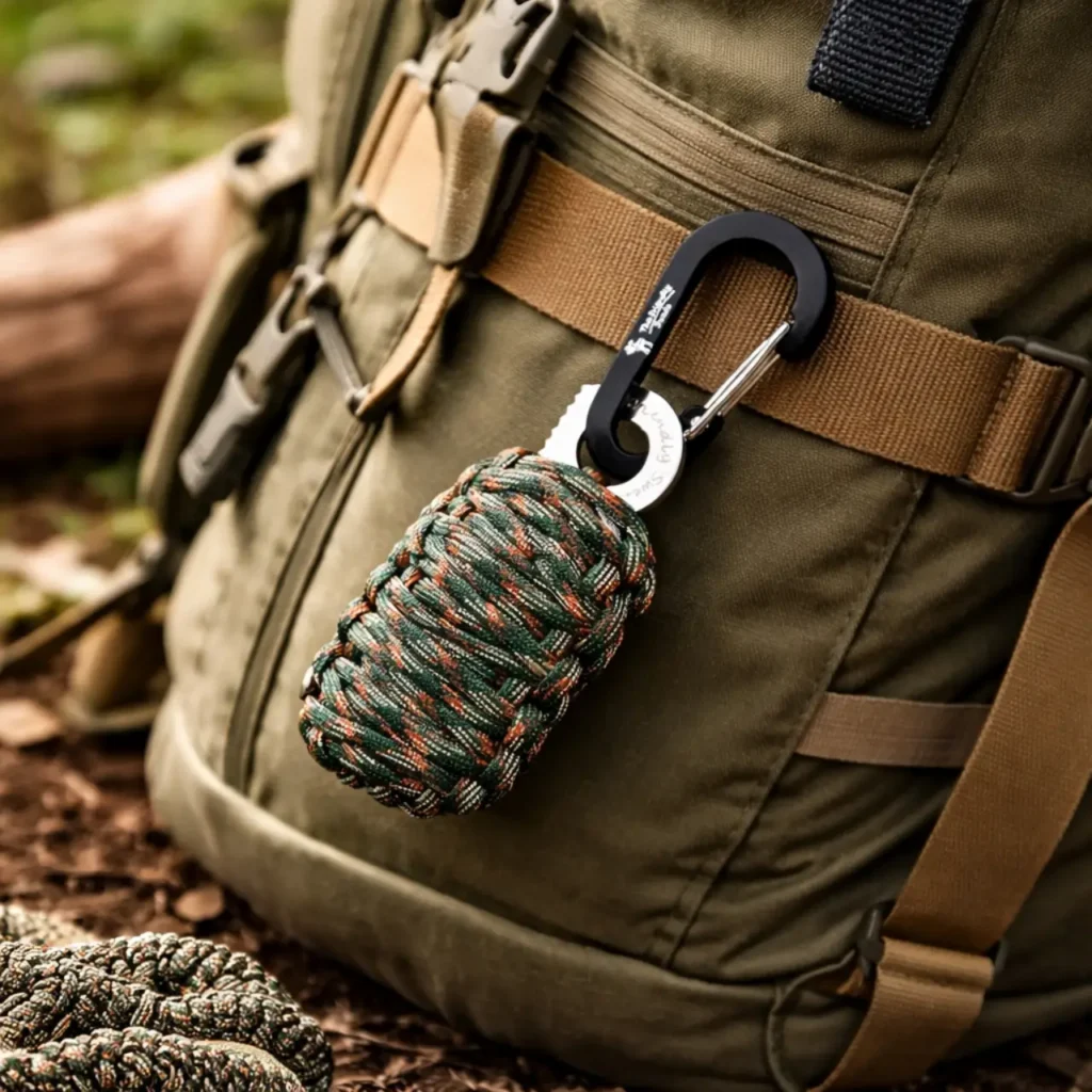 The Friendly Swede Carabiner Grenade Survival Kit clipped to an olive hiking backpack on the trail.