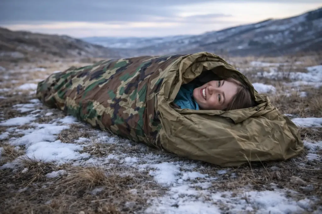 Woman smiling inside a woodland camo Gore-Tex bivy bag on dry winter ground with patches of snow and rolling hills in the background.