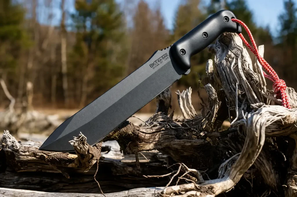 KA-BAR Becker BK9 fixed blade knife resting on driftwood outdoors with a blurred forest background.