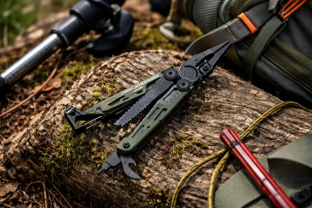 Leatherman Signal Topo multi-tool opened on a log in a practical outdoor trail repair setup with hiking gear nearby.