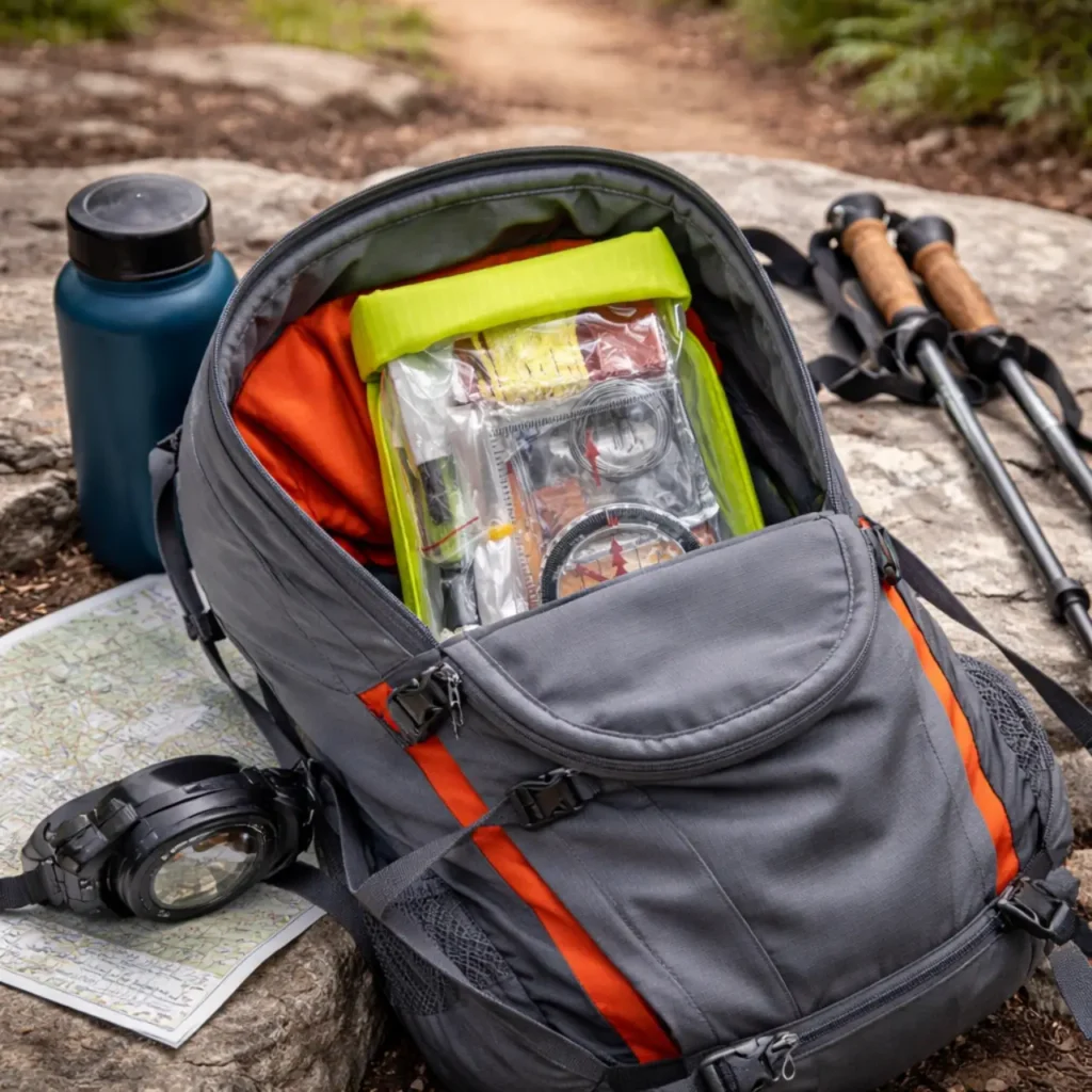 Ultralight Survival Kit packed inside an open hiking backpack with trail essentials for a day hike emergency backup.