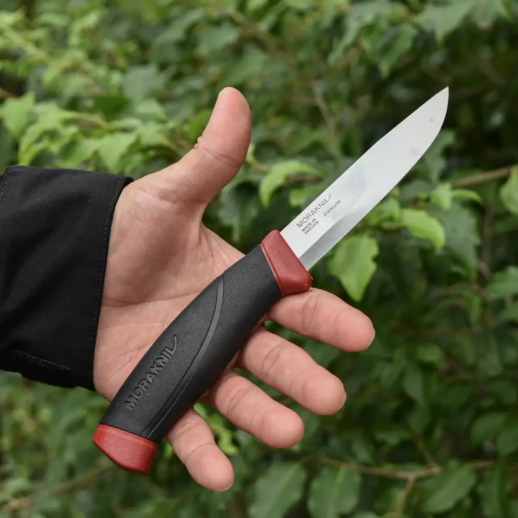 Hand holding a Morakniv Companion fixed-blade knife outdoors with a green leafy background