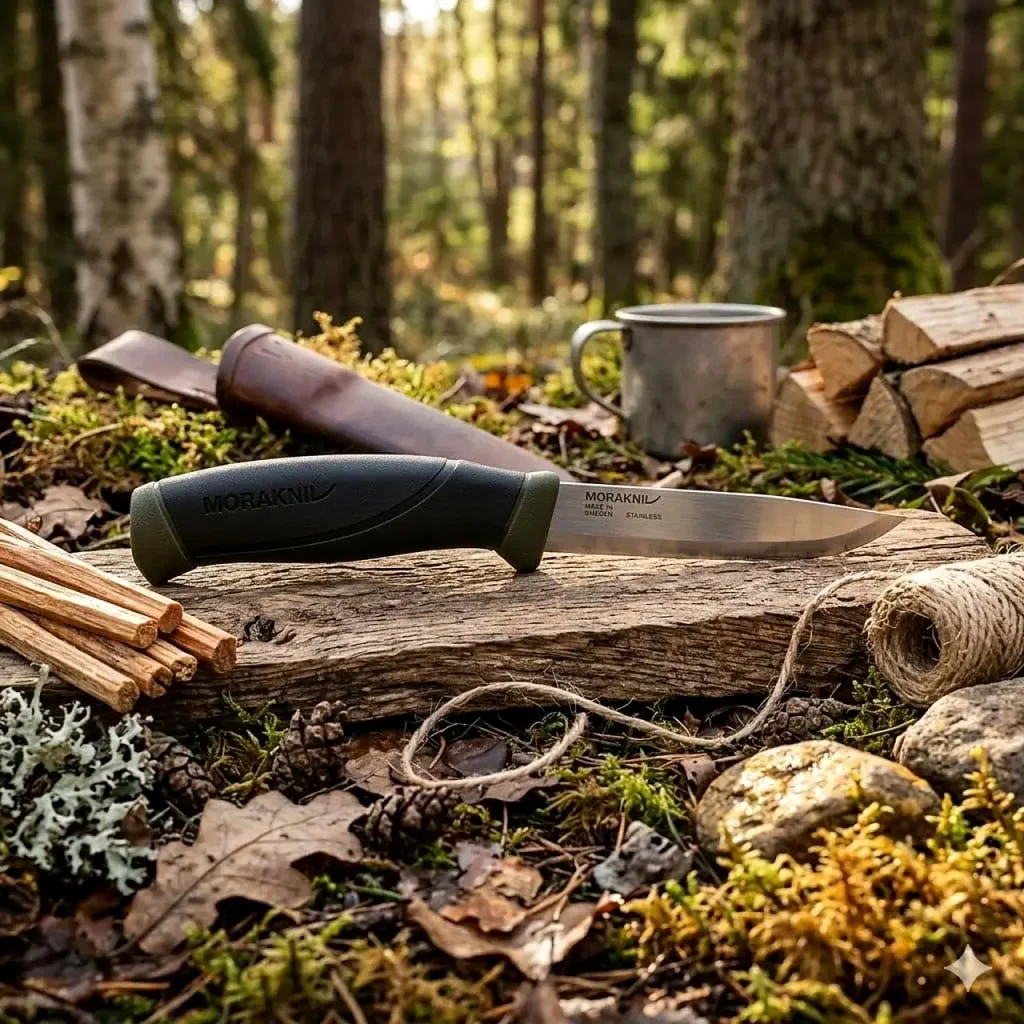 Morakniv Companion Stainless Steel camping knife with a black and olive-green handle resting on a log in a forest campsite, surrounded by firewood, cordage, and camping gear.