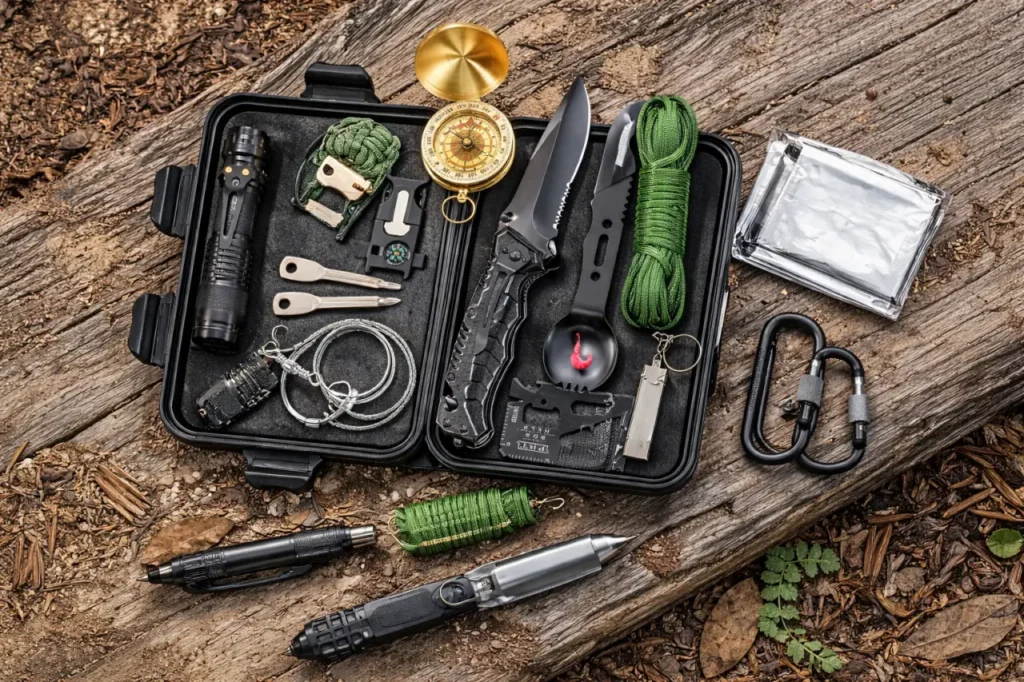 Open Survival Kit laid out on a weathered outdoor surface with flashlight, compass, knife, paracord, emergency blanket, whistle, and multitool for practical trail and camping use.