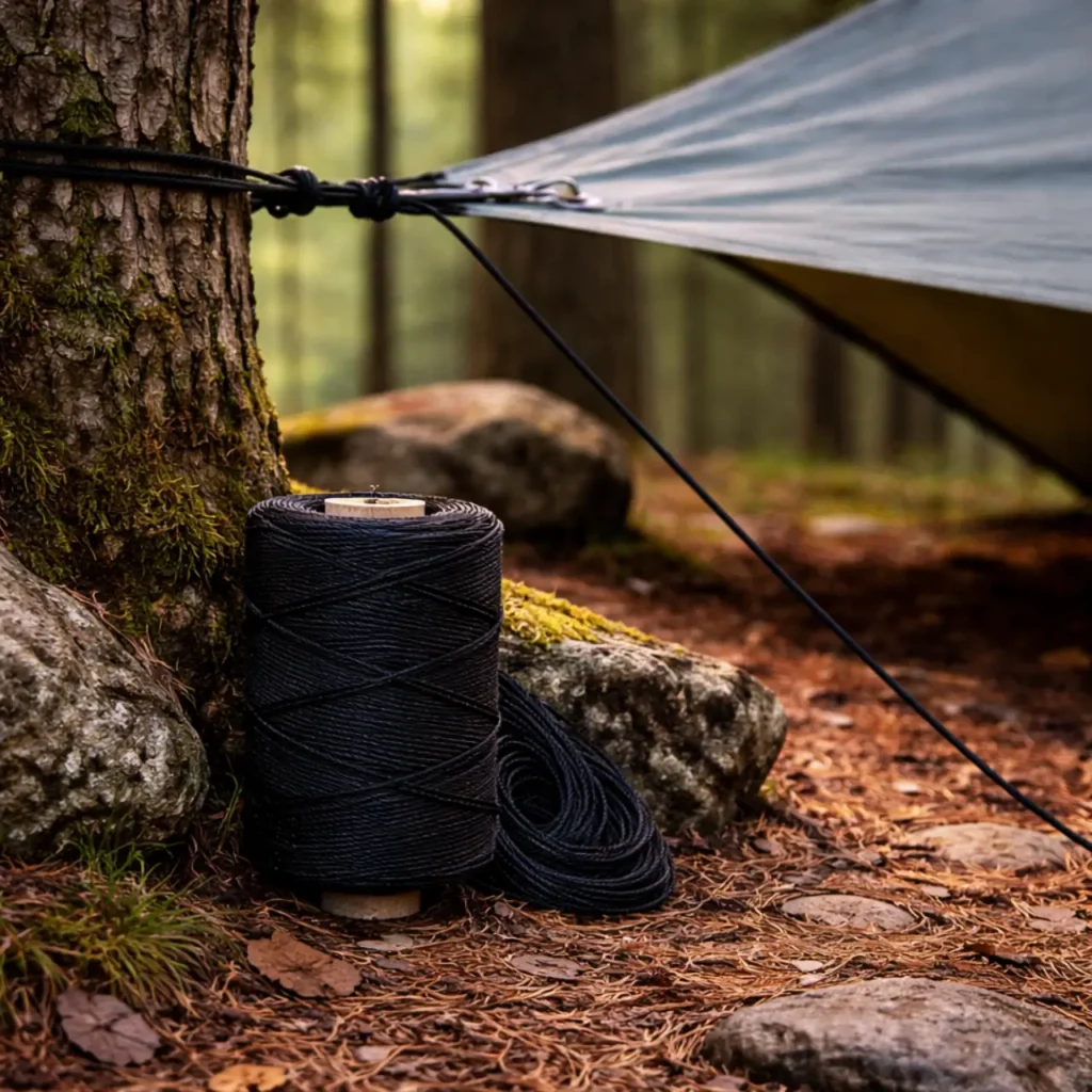 Black tarred bank line spool beside a tree with tarp ridgeline tied tight in a forest campsite setup.