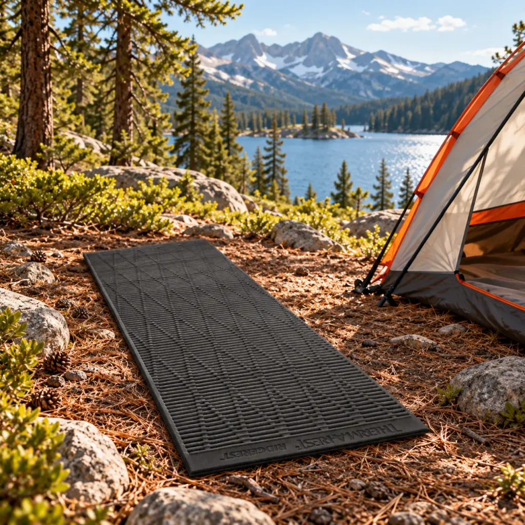 Therm-a-Rest RidgeRest Classic closed-cell foam sleeping pad laid out beside a camping tent overlooking an alpine lake and mountains.