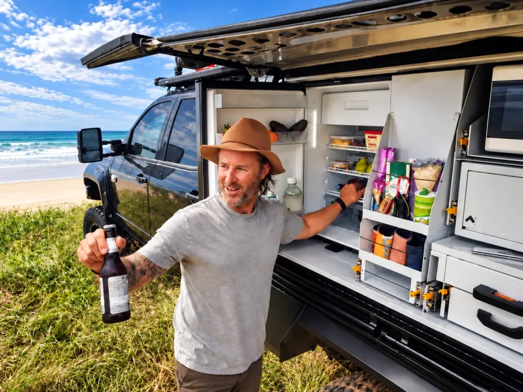 Dometic NRX 50C built-in van life fridge stocked with food and drinks in an overland vehicle kitchen by the beach.