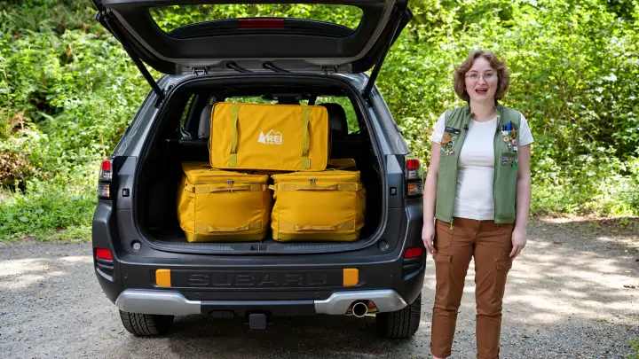 REI Co-op Trailgate Gear Bins packed neatly in the cargo area of an SUV for car camping storage.