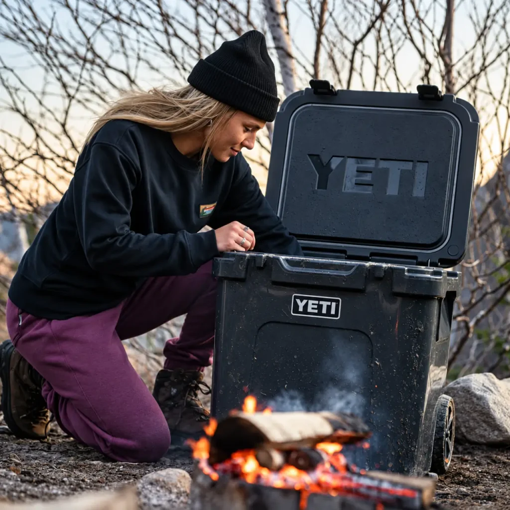 YETI Roadie 48 wheeled cooler beside a campfire at an outdoor campsite.