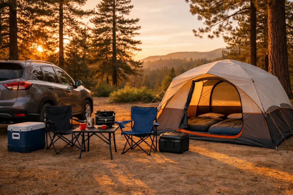 Beginner-friendly car camping setup at golden hour with an SUV parked beside a roomy tent, two camp chairs, a small camp table, cooler, and forested mountain campground in the background.