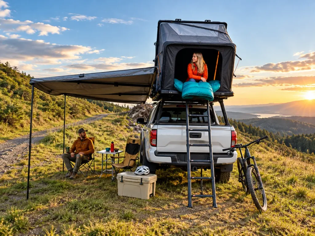 Pickup truck with a rooftop tent and Yakima OverNOut 180 awning extended over a camping area with chairs and a table at a scenic mountain campsite during sunset.