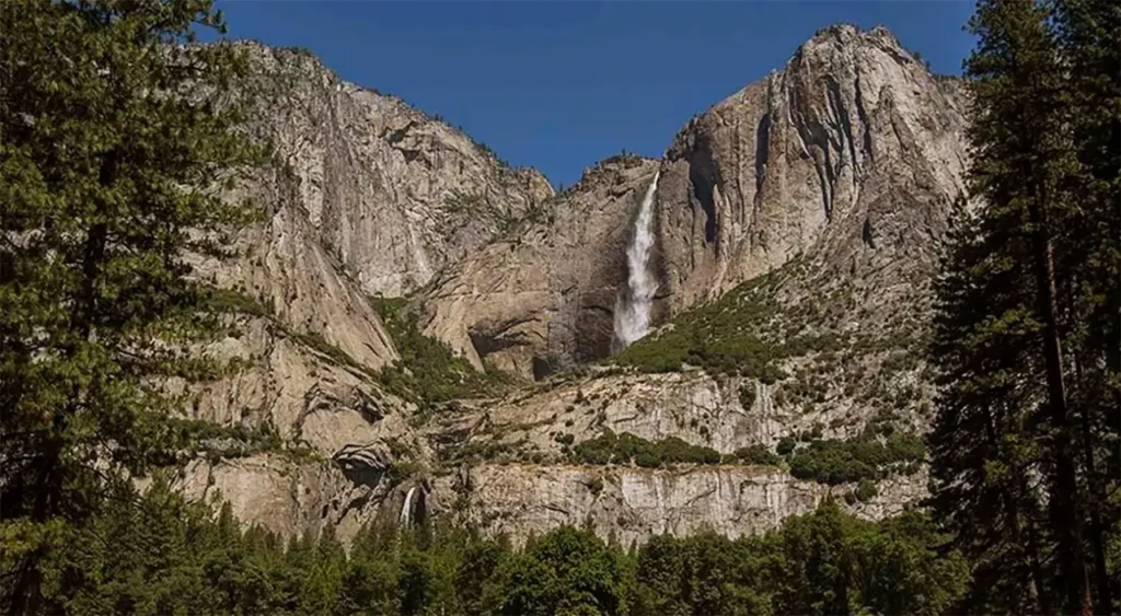 Yosemite Falls flowing between granite cliffs and pine trees on a clear summer day in Yosemite National Park.