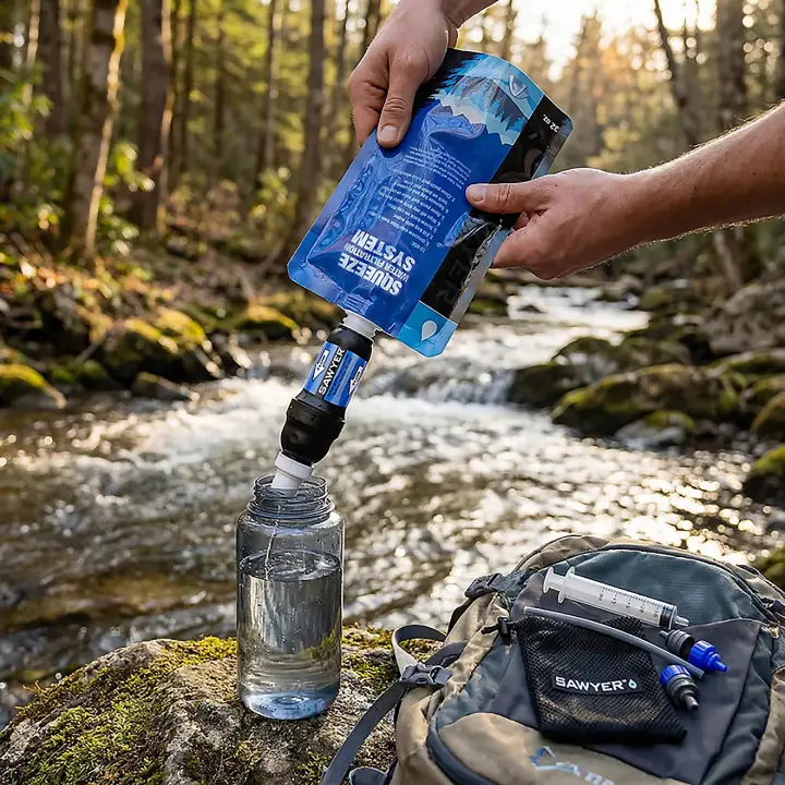 Hiker using a Sawyer Squeeze Water Filter System to filter stream water from a soft pouch into a clear bottle.