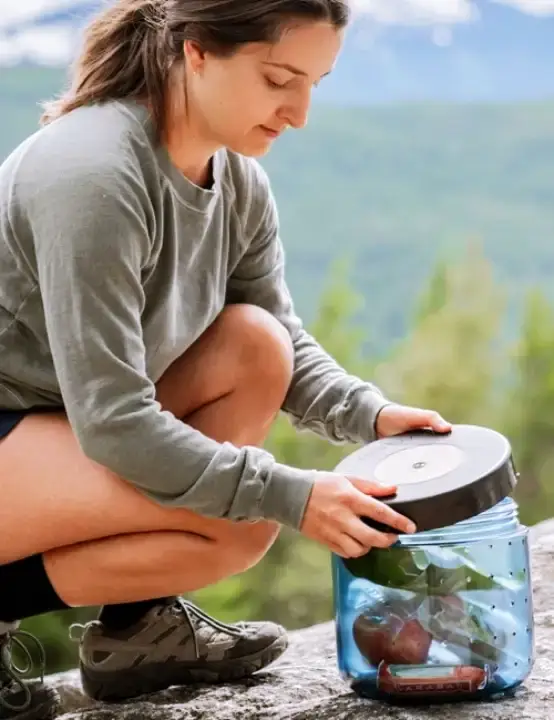 Hiker closing a BearVault BV450 Jaunt bear canister during a backpacking trip.
