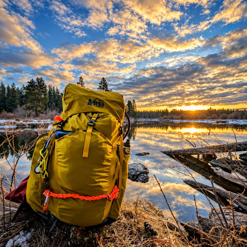 Yellow REI Co-op Flash 55 backpack beside a calm lake at sunset during a backpacking trip.