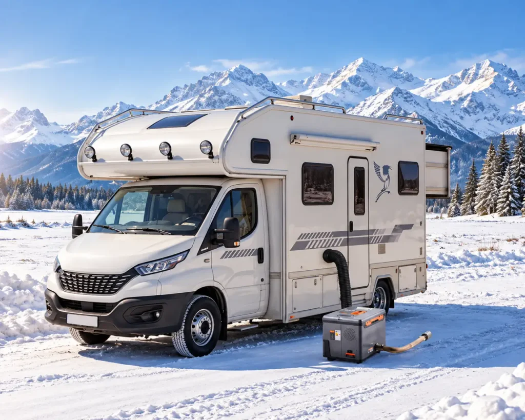 Camper van in a snowy mountain setting with a VEVOR Diesel Air Heater used for cold-weather van life heating.