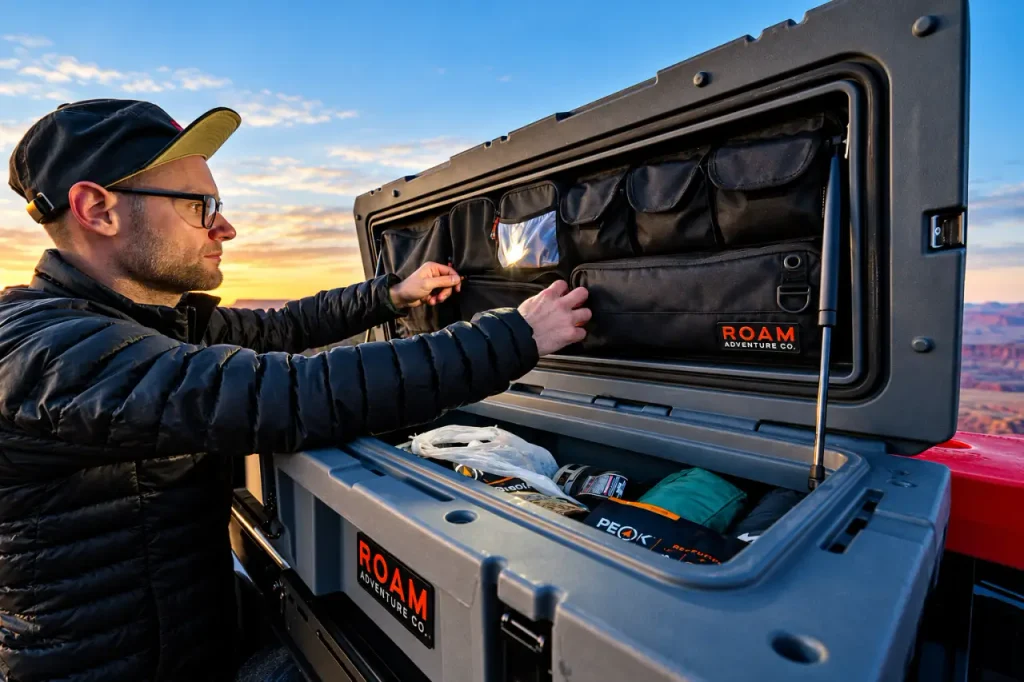 ROAM Adventure Co. 83L Rugged Case mounted on a vehicle roof rack, with a camper organizing gear inside the open storage case during an outdoor trip.