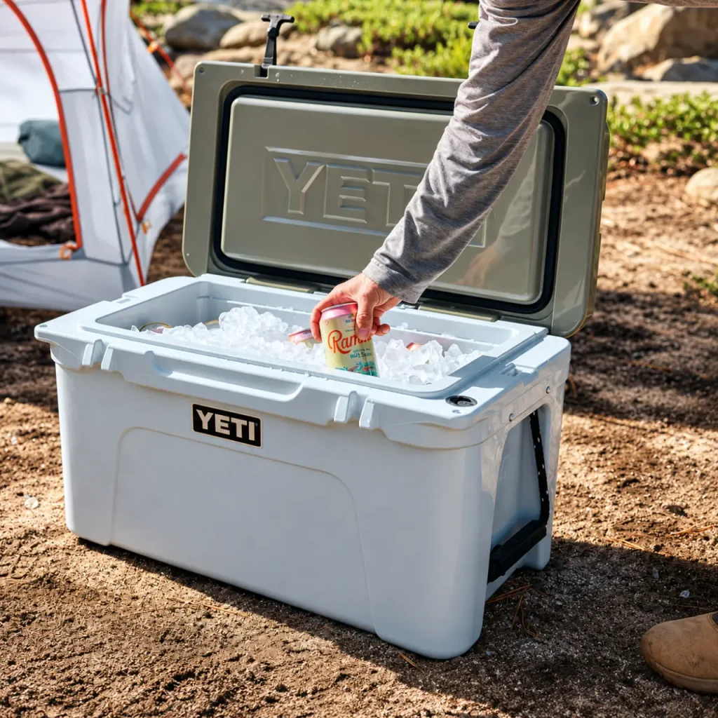 YETI Tundra 45 cooler filled with ice and drinks beside a camping tent, illustrating what size cooler for camping works for weekend trips.